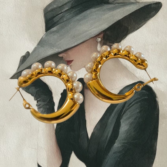 Monet Gold Tone Pearl Hoop Earrings - Picture 3 of 16